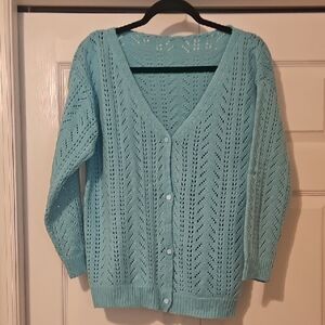 Blue Cable Knit Cardigan Sweater